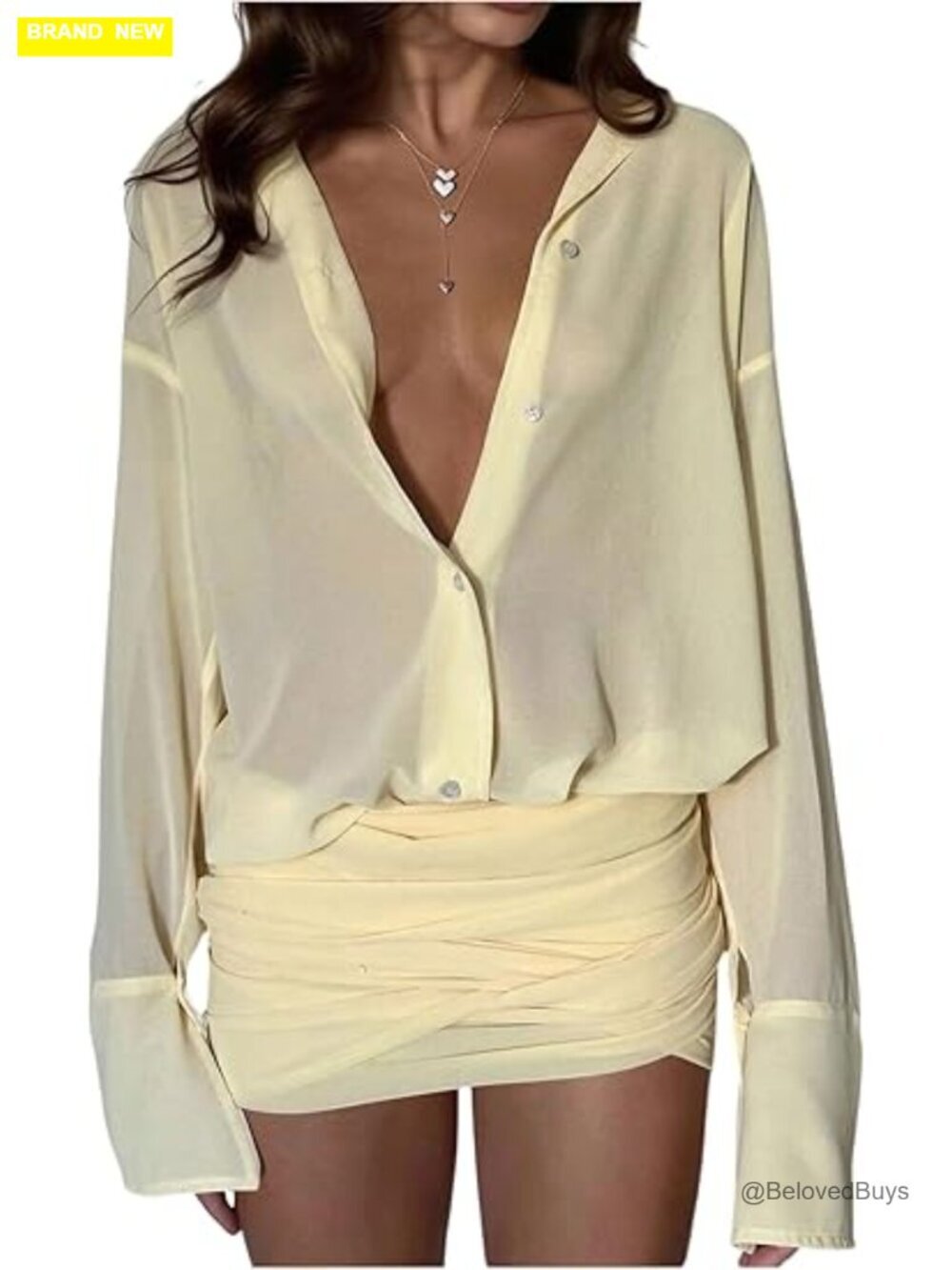 Sexy Sheer Button Up Bodycon Mini Dress Long Sleeve Ruched